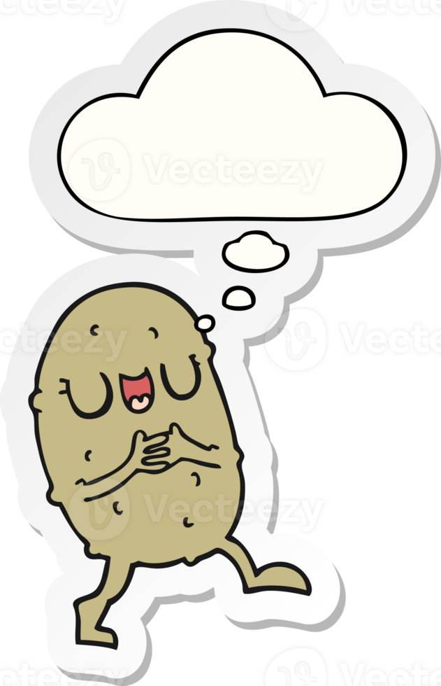 cartoon happy potato with thought bubble as a printed sticker png