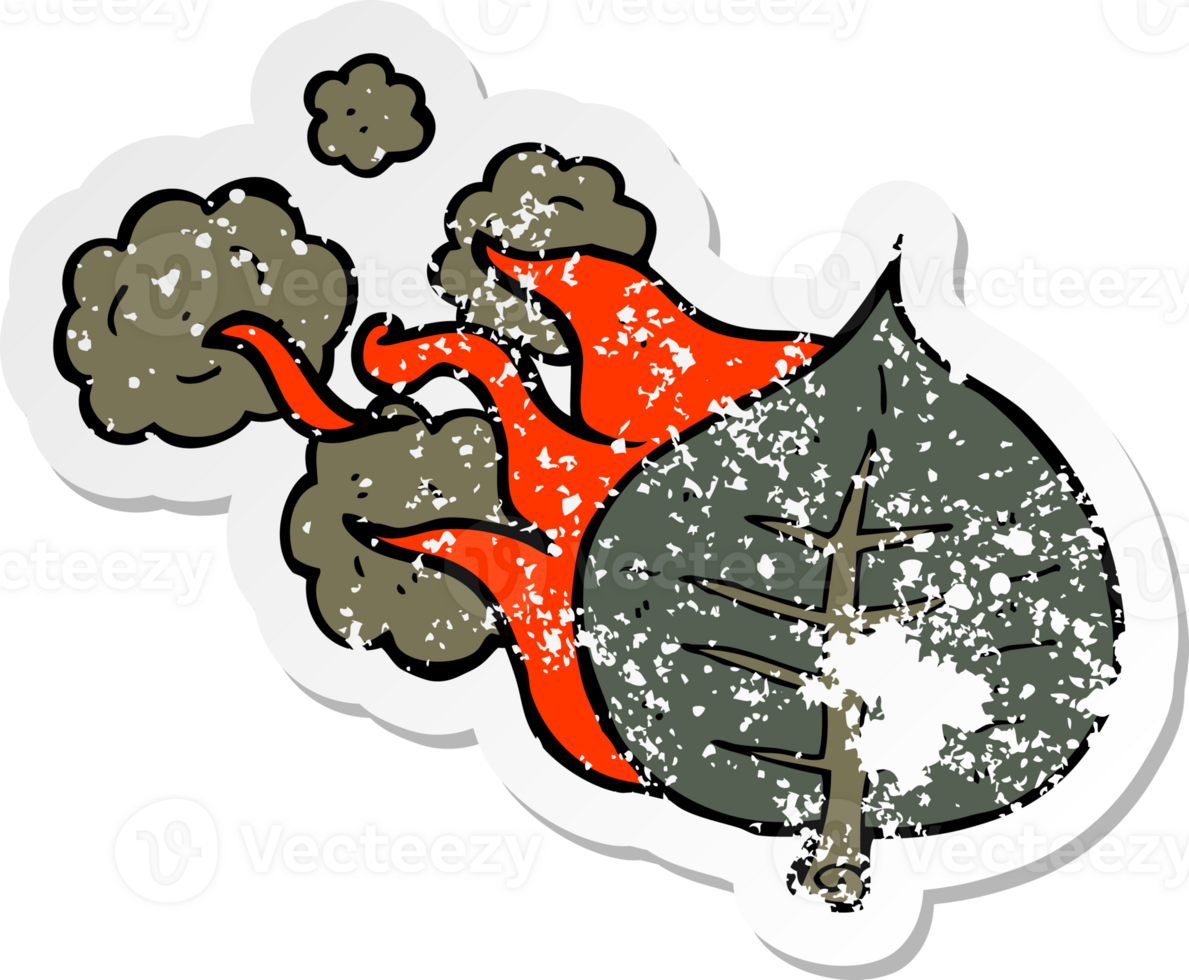 retro distressed sticker of a cartoon burning leaf png