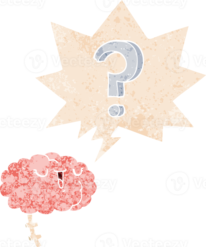 cartoon curious brain with speech bubble in grunge distressed retro textured style png