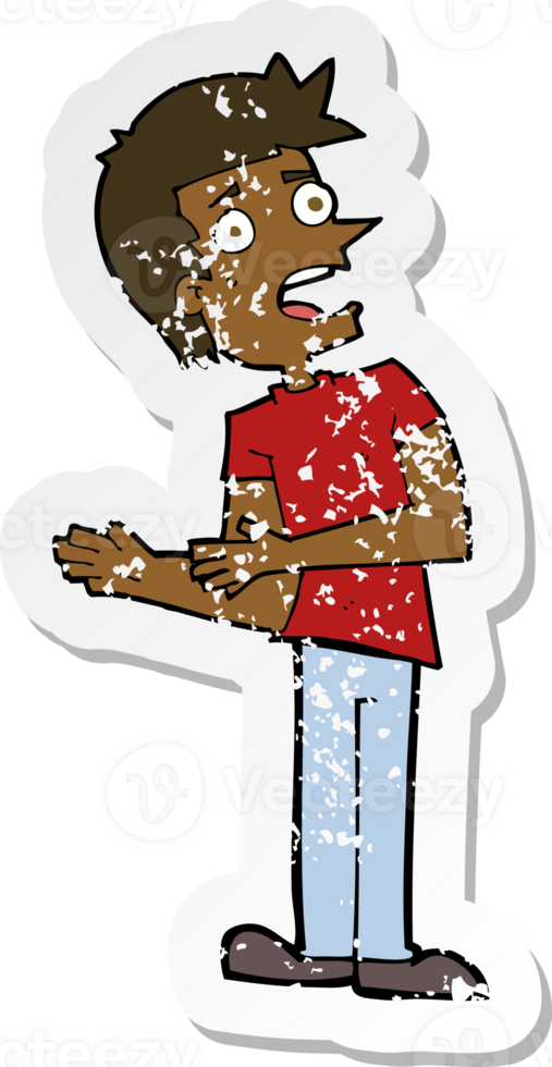 retro distressed sticker of a cartoon man making excuses png