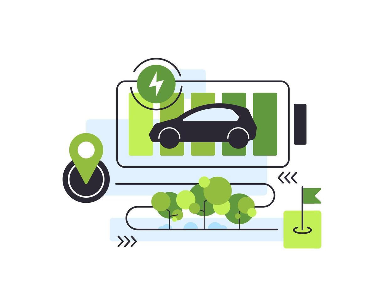Battery range,Electric vehicle max travel distance,Modern EV and route vector