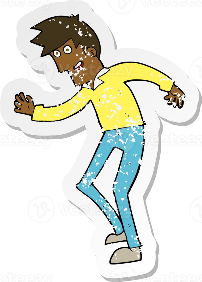retro distressed sticker of a cartoon happy man dancing png
