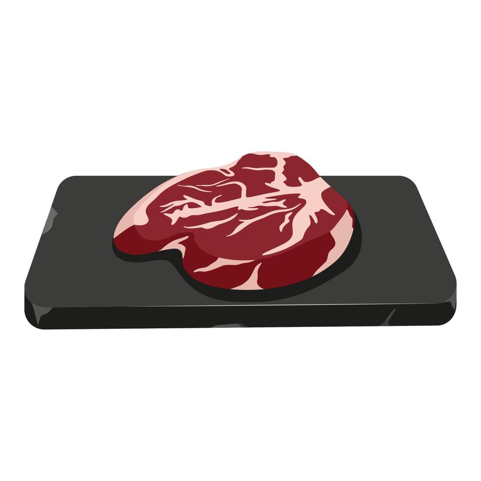 Delicious uncooked beef steak on stone tray for barbeque. Rib eye. Sirloin. Raw pork meat vector