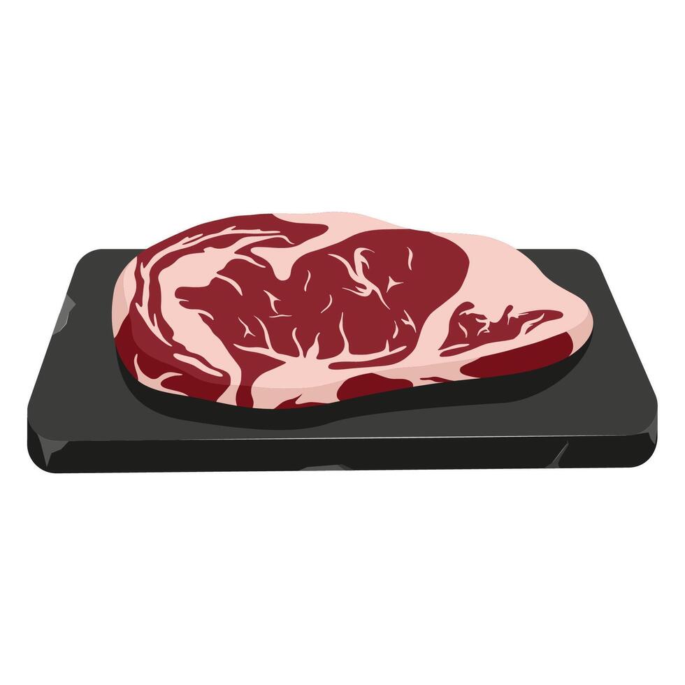 Raw pork steak on stone tray. Fresh red uncooked meat. illustration vector