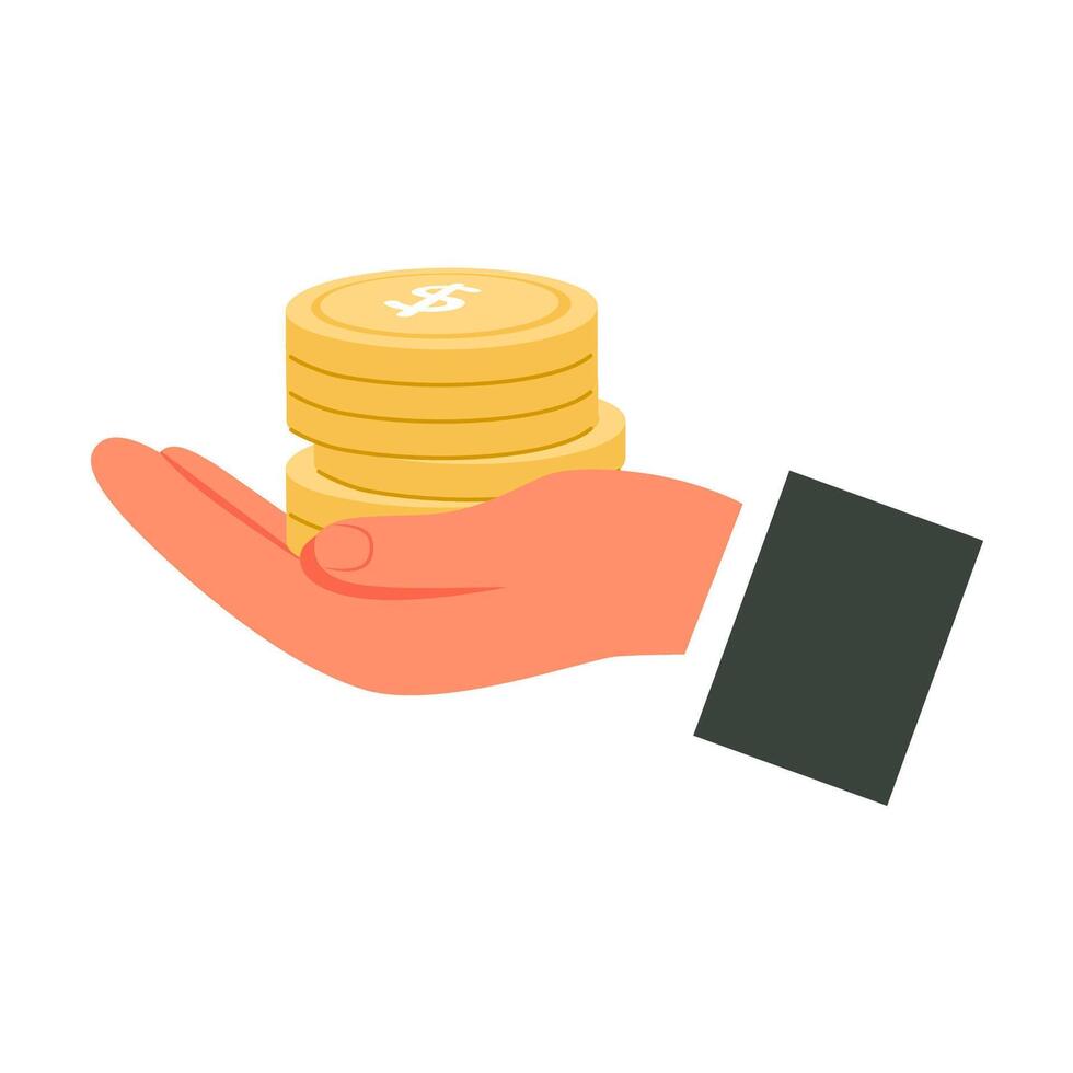 Businessman hand with stack of gold coins. Saving money concept. Investment, deposit, accumulation money vector