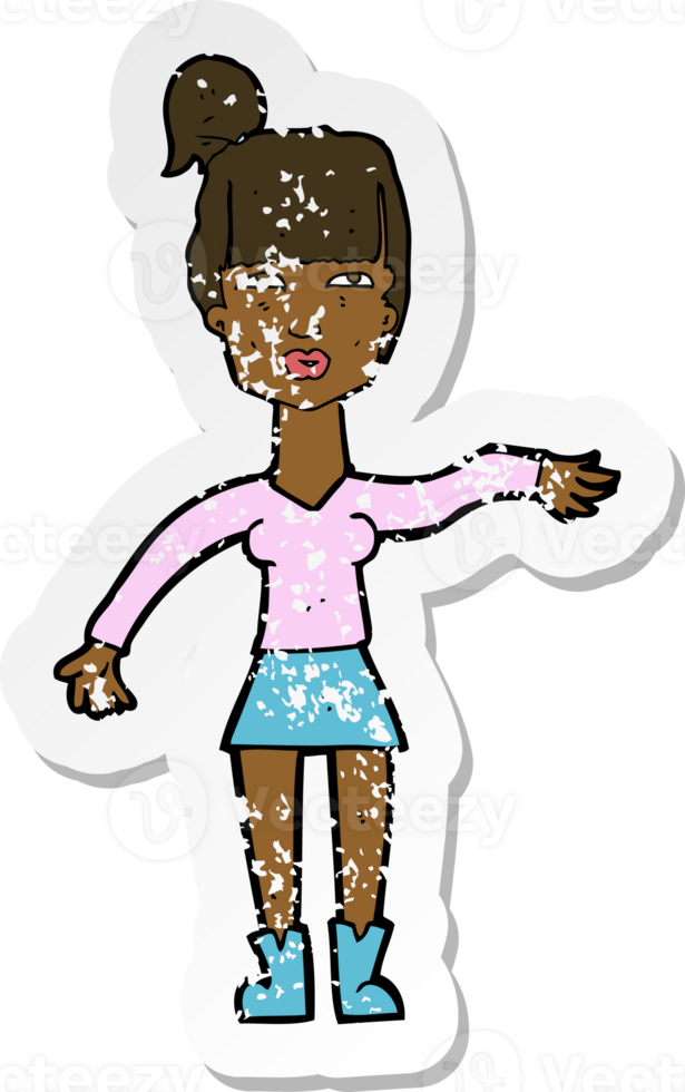 retro distressed sticker of a cartoon woman making dismissive gesture png