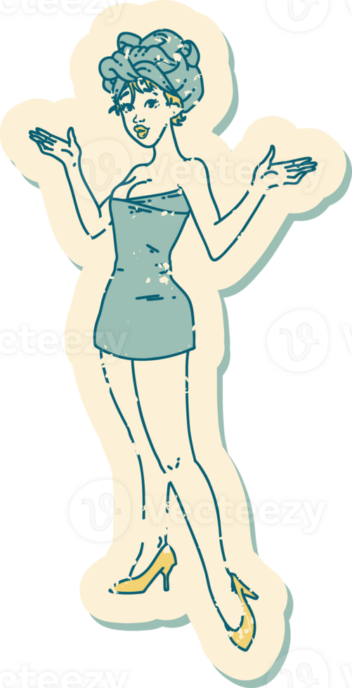 distressed sticker tattoo in traditional style of a pinup girl in towels png