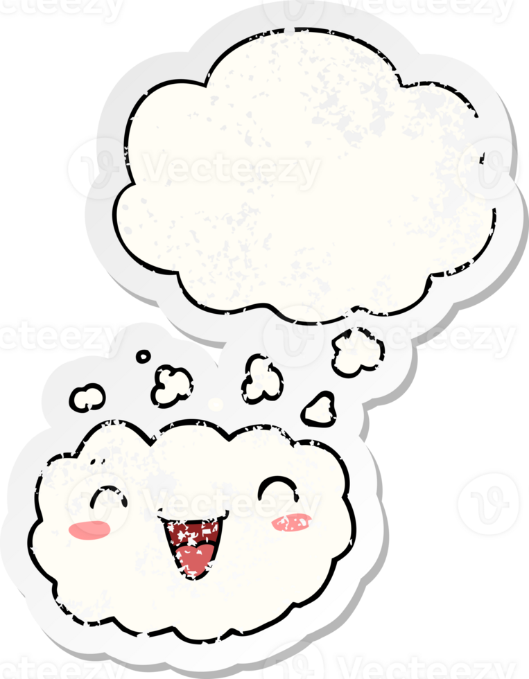 happy cartoon cloud with thought bubble as a distressed worn sticker png