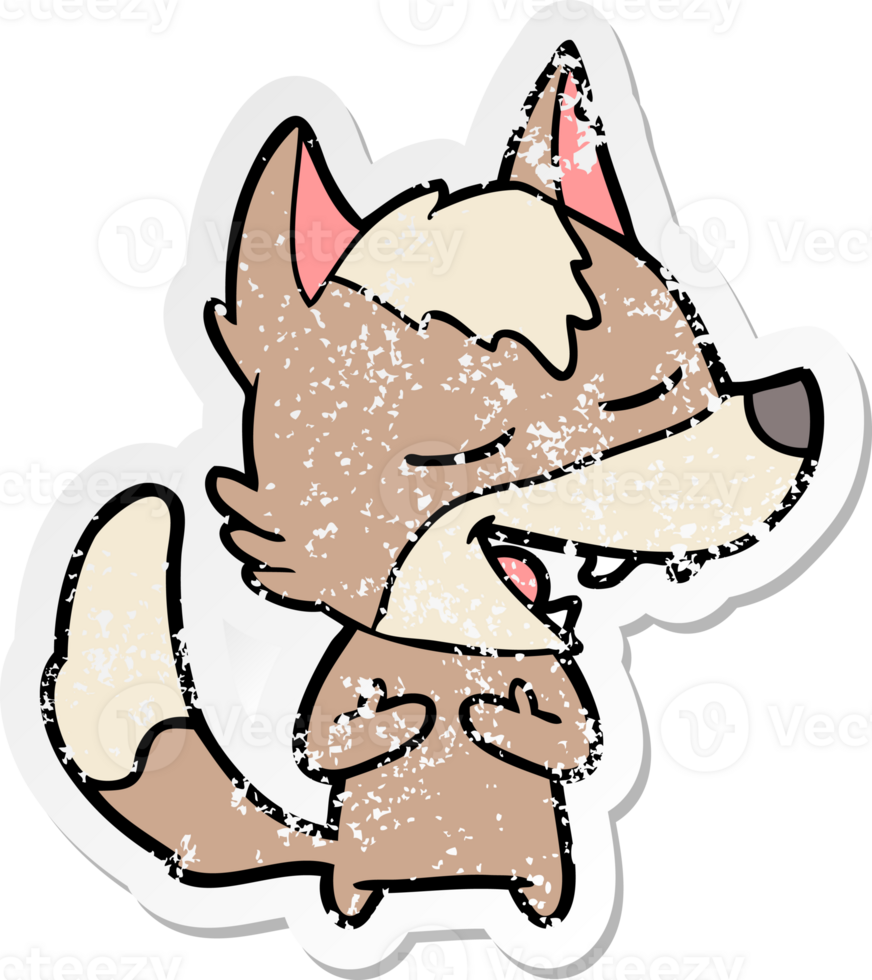 distressed sticker of a cartoon wolf laughing png