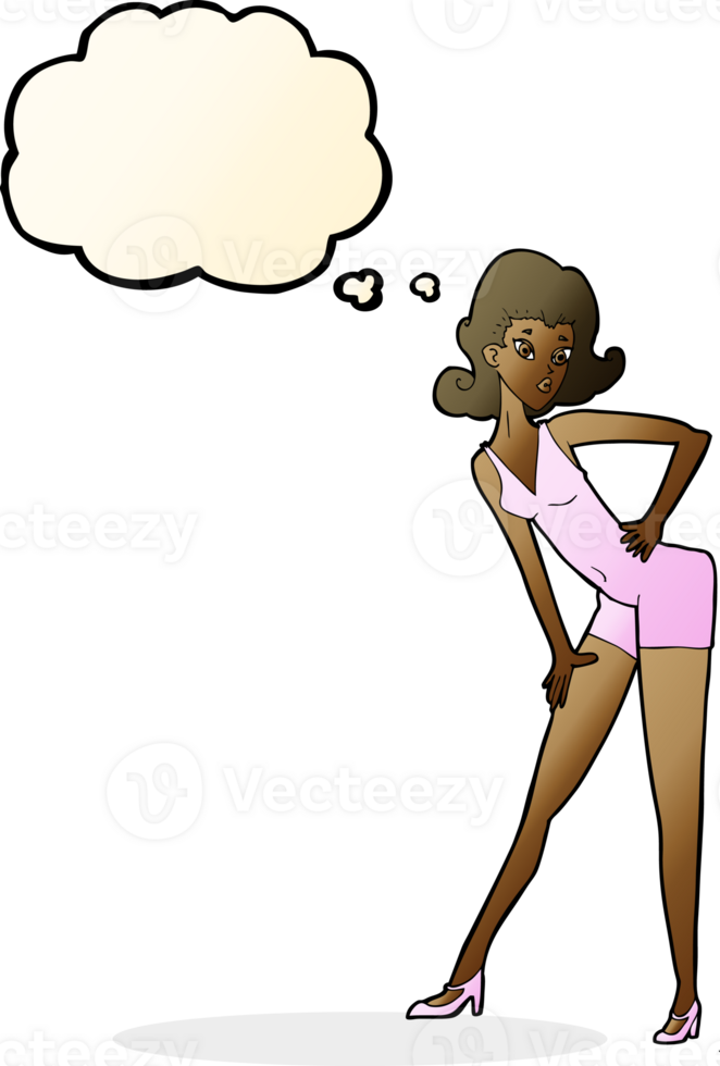 cartoon model woman posing with thought bubble png