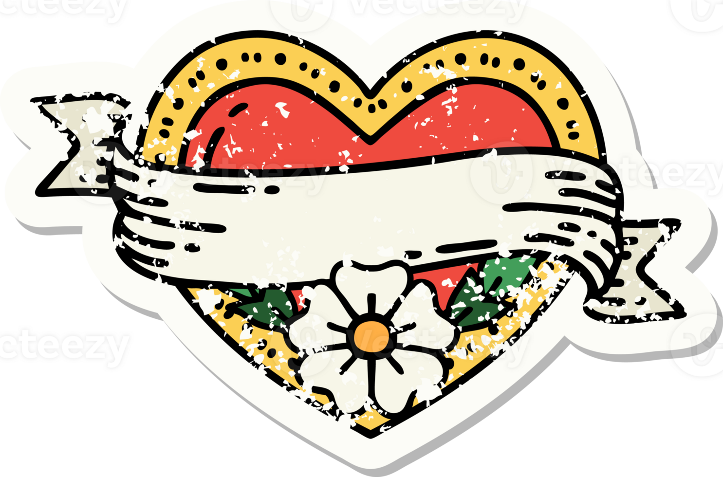 distressed sticker tattoo in traditional style of a heart and banner with flowers png