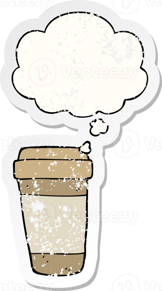 cartoon coffee cup with thought bubble as a distressed worn sticker png