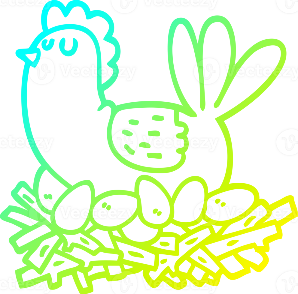 cold gradient line drawing of a cartoon chicken on nest of eggs png