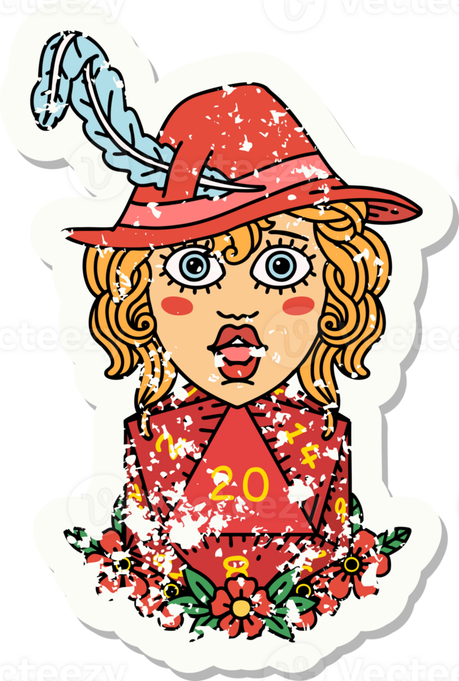 grunge sticker of a human bard with natural 20 dice roll png