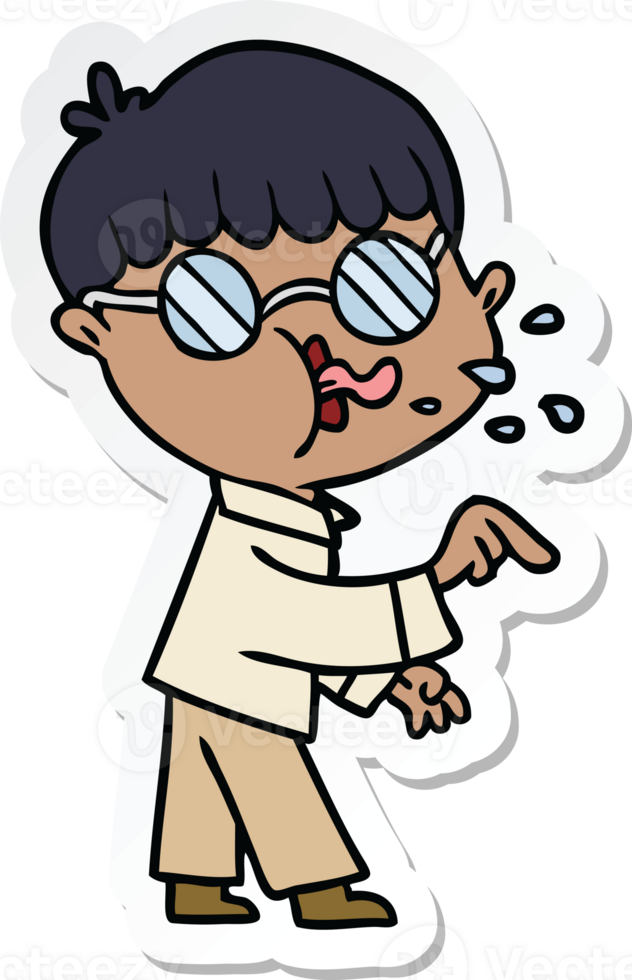 sticker of a cartoon boy wearing spectacles and making point png