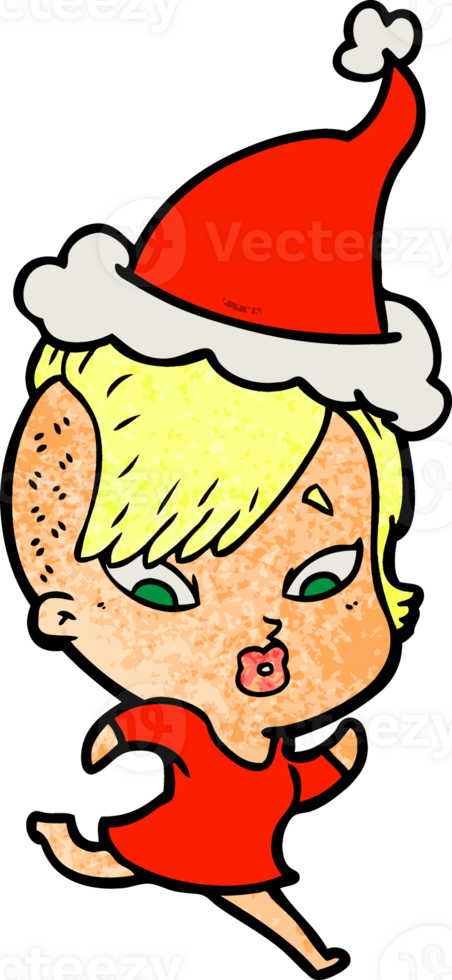 hand drawn textured cartoon of a surprised girl wearing santa hat png