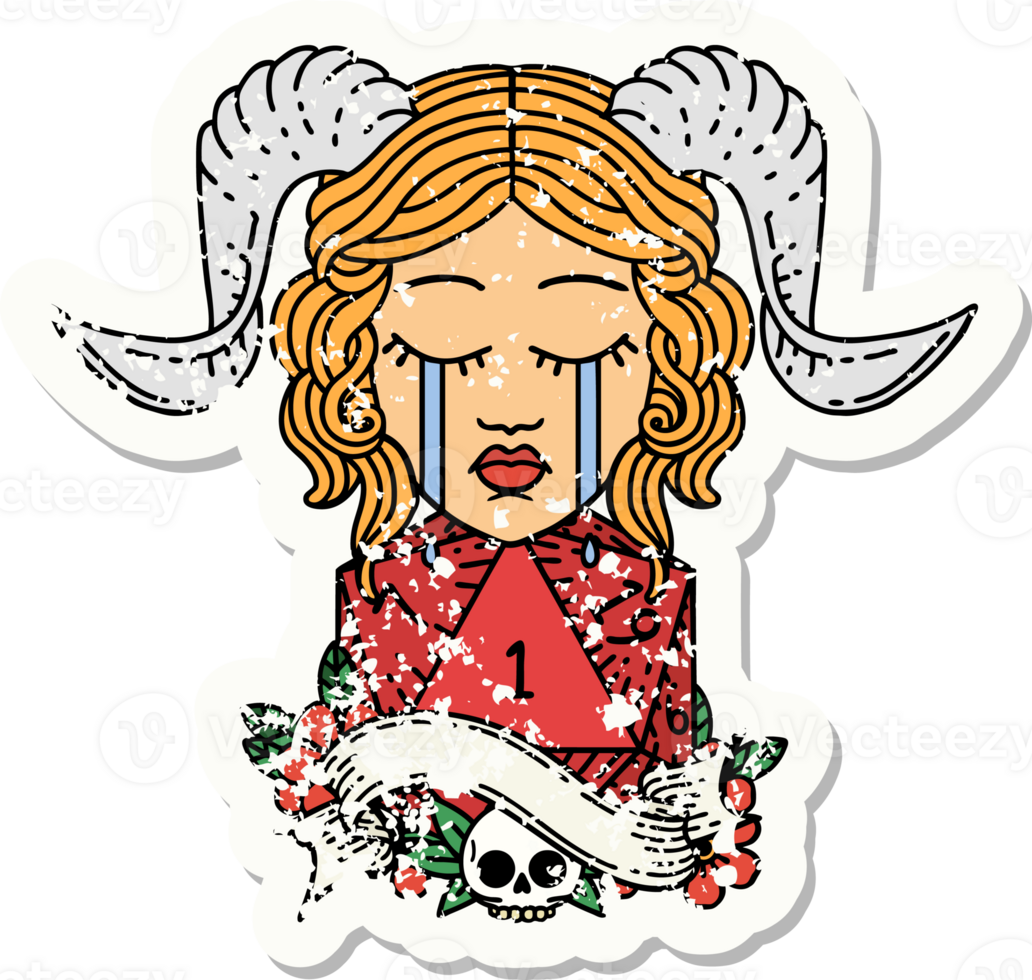 grunge sticker of a crying tiefling with natural one D20 dice roll png