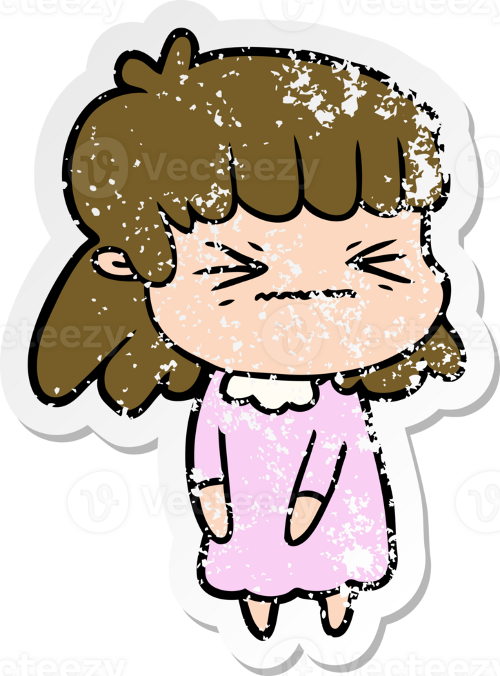 distressed sticker of a cartoon angry girl png