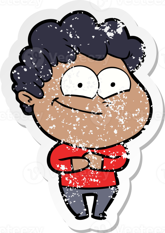 distressed sticker of a cartoon happy man png