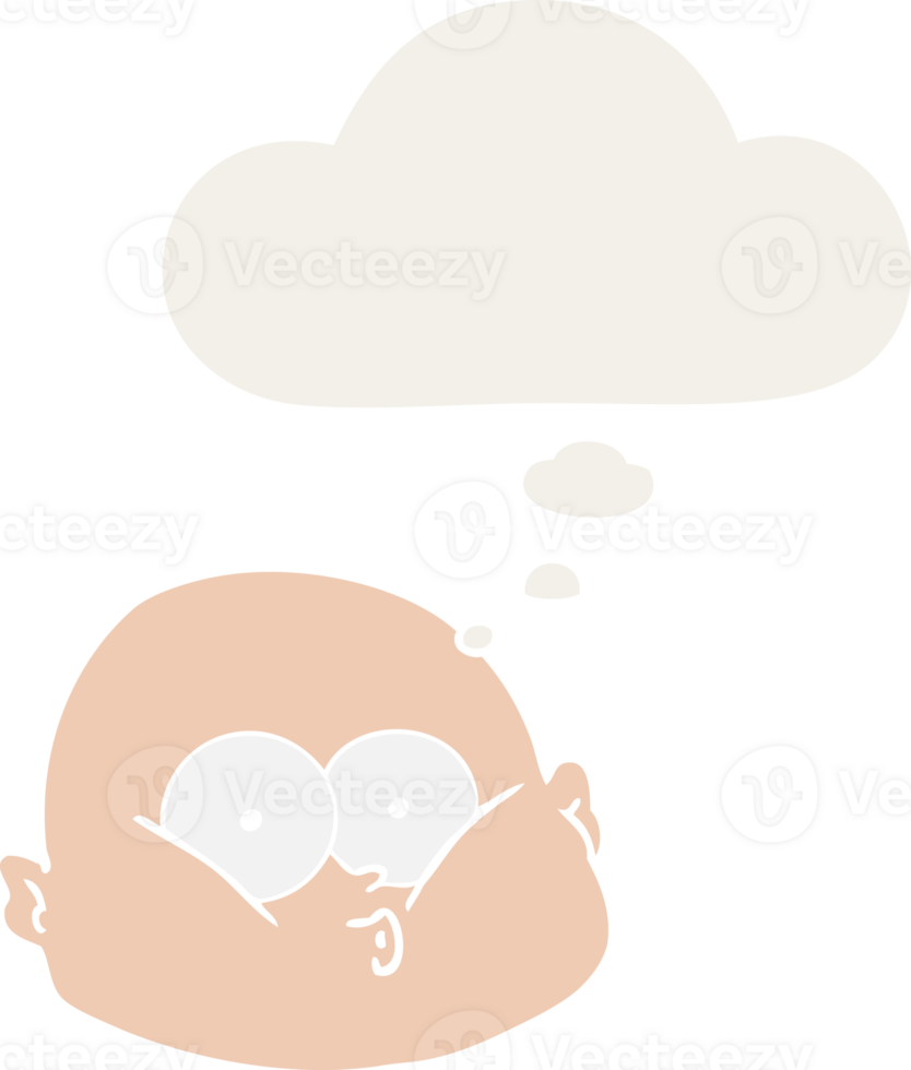 cartoon curious bald man with thought bubble in retro style png