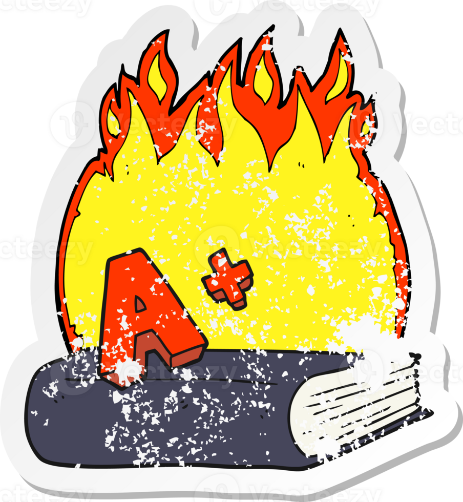 retro distressed sticker of a cartoon A grade symbol and book png