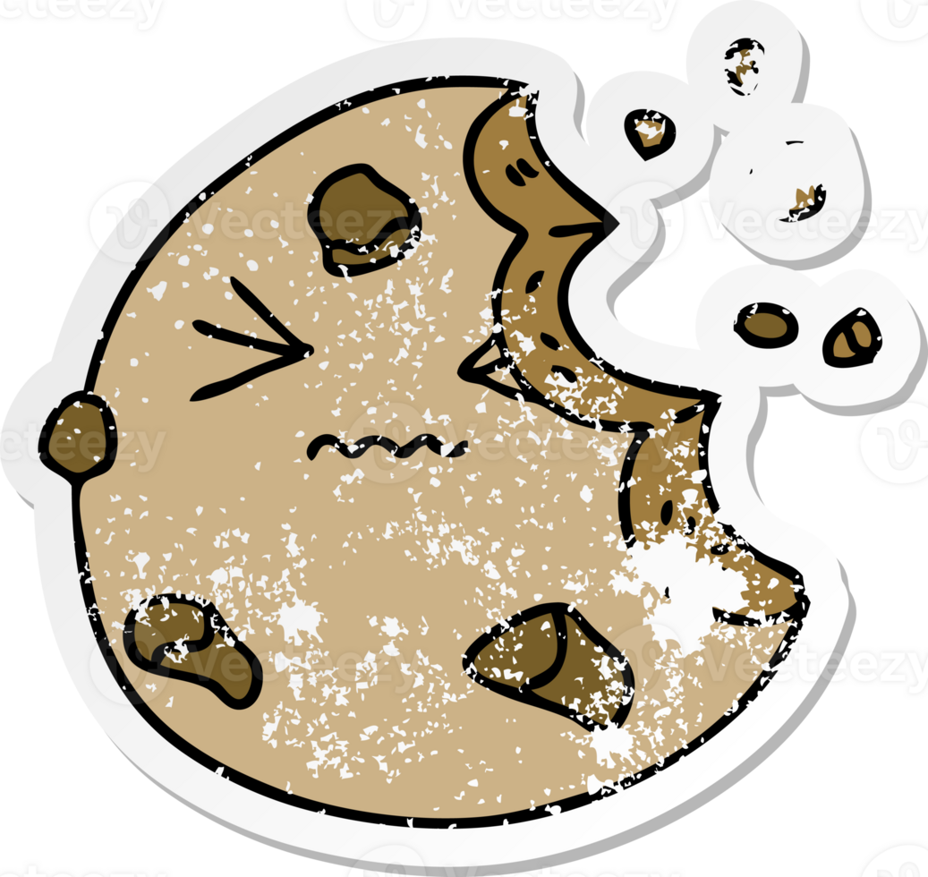 distressed sticker of a quirky hand drawn cartoon munched cookie png