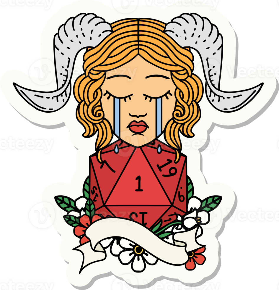 sticker of a crying tiefling with natural one D20 roll png