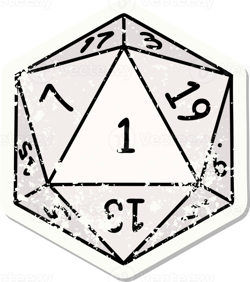 grunge sticker of a natural 1 D20 dice roll png