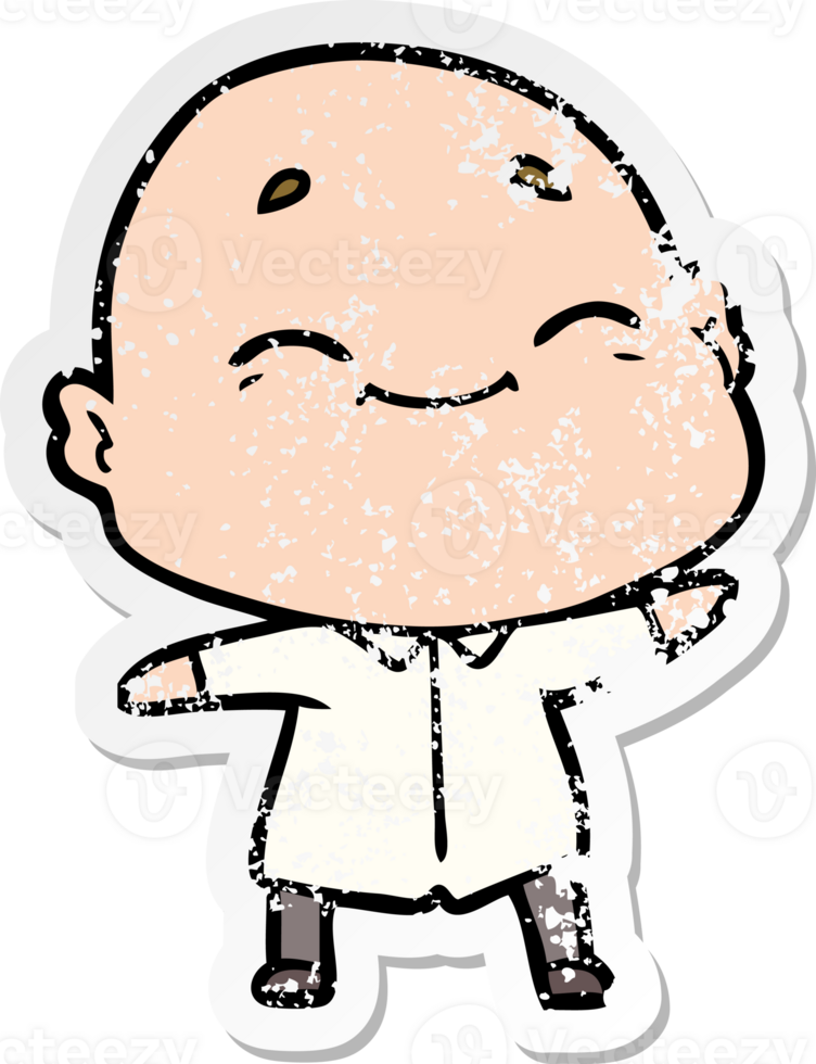 distressed sticker of a happy cartoon bald man png