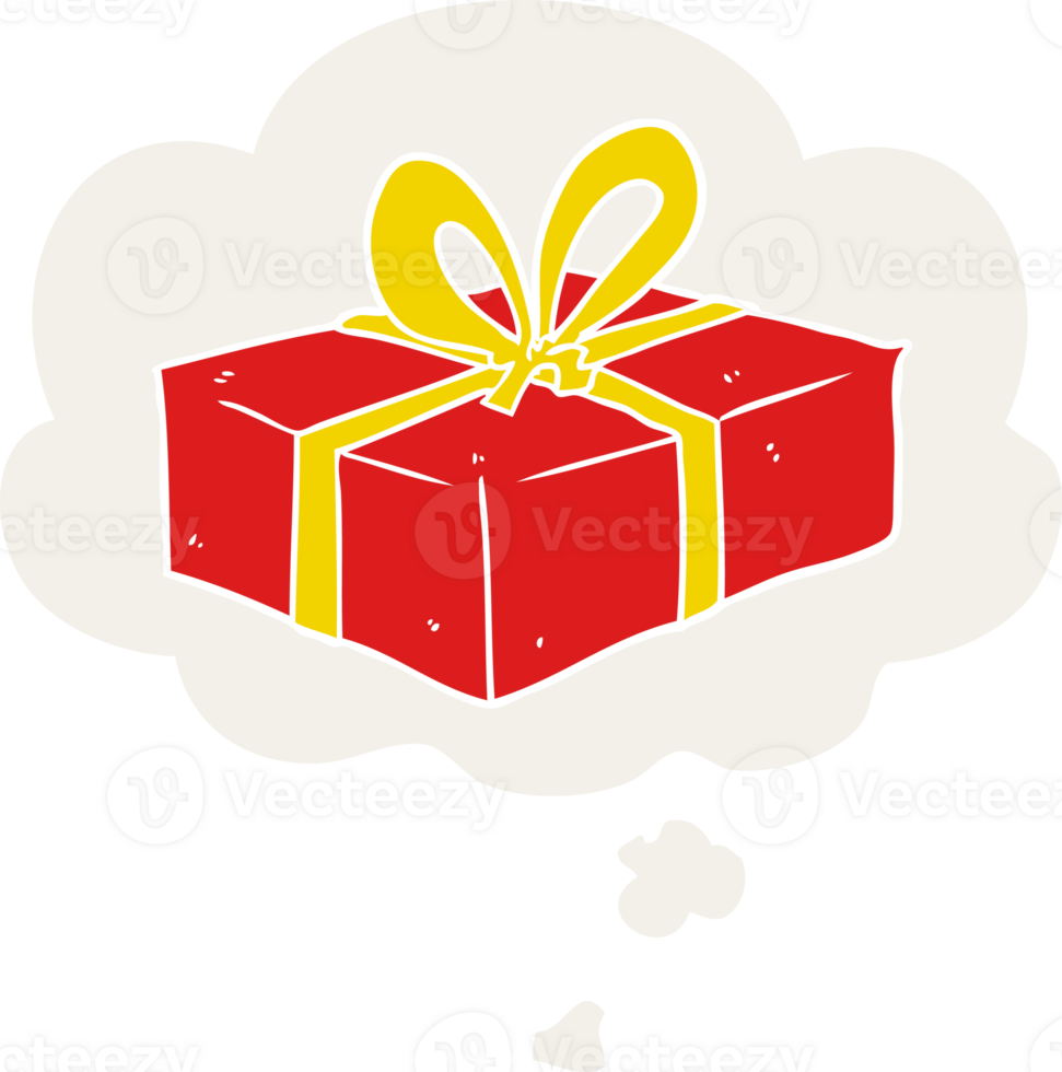 cartoon wrapped gift with thought bubble in retro style png