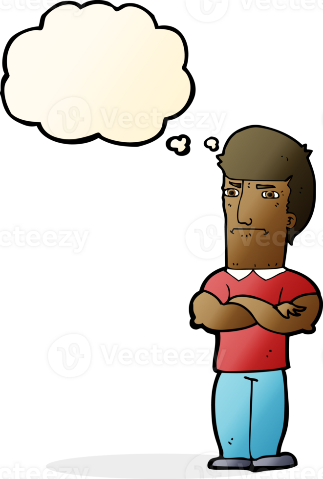 cartoon annoyed man with folded arms with thought bubble png
