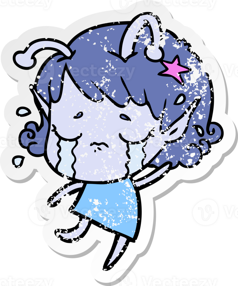 distressed sticker of a cartoon crying alien girl png