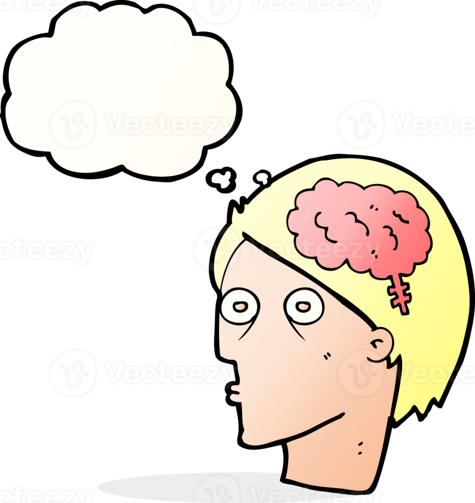 caricatura, cabeza, con, cerebro, símbolo, con, pensamiento, burbuja png