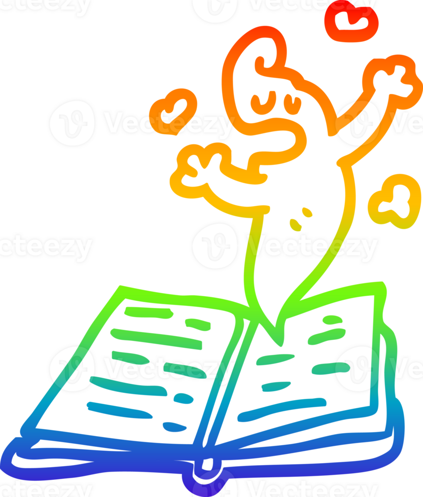 rainbow gradient line drawing of a cartoon spell book with ghost png