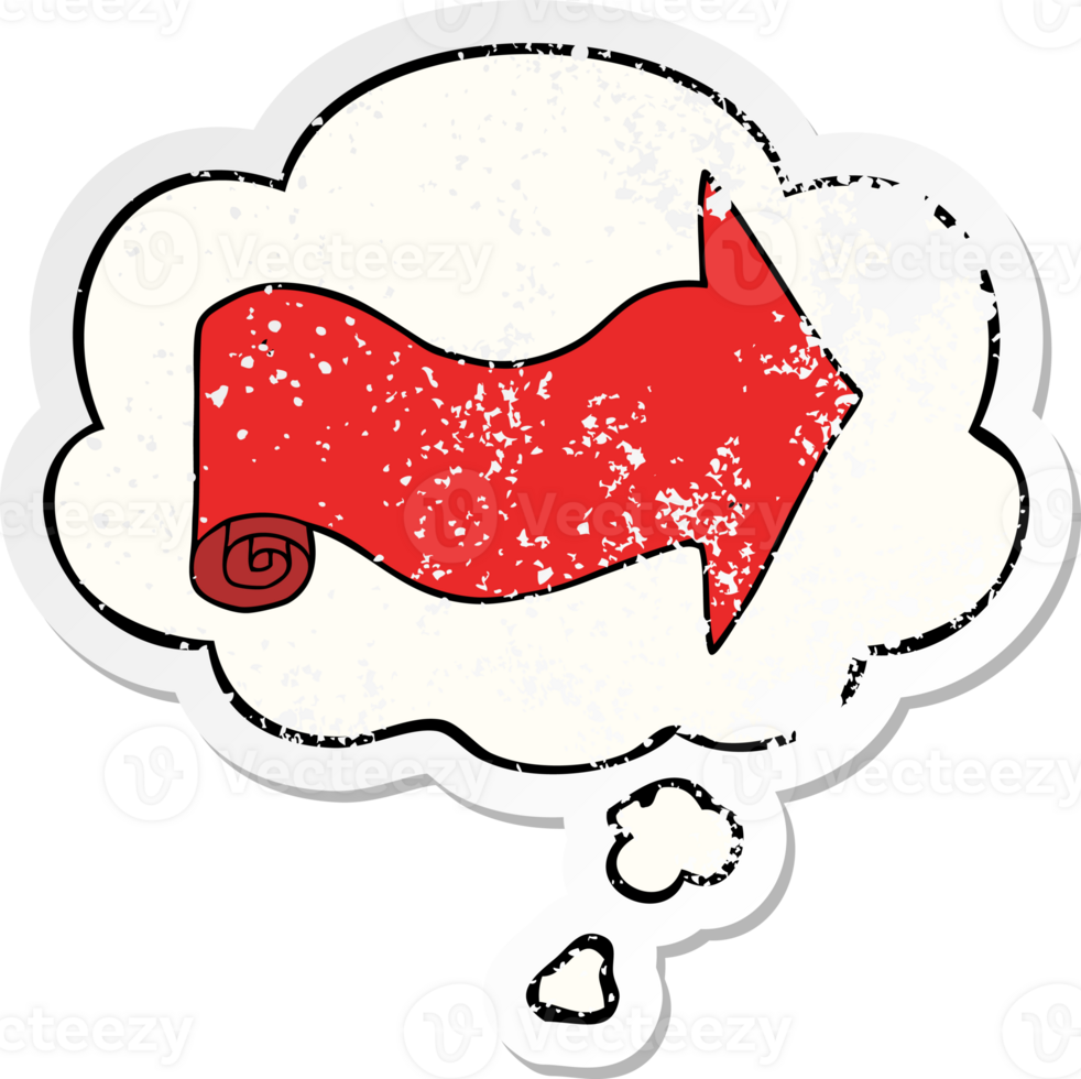 cartoon pointing arrow with thought bubble as a distressed worn sticker png
