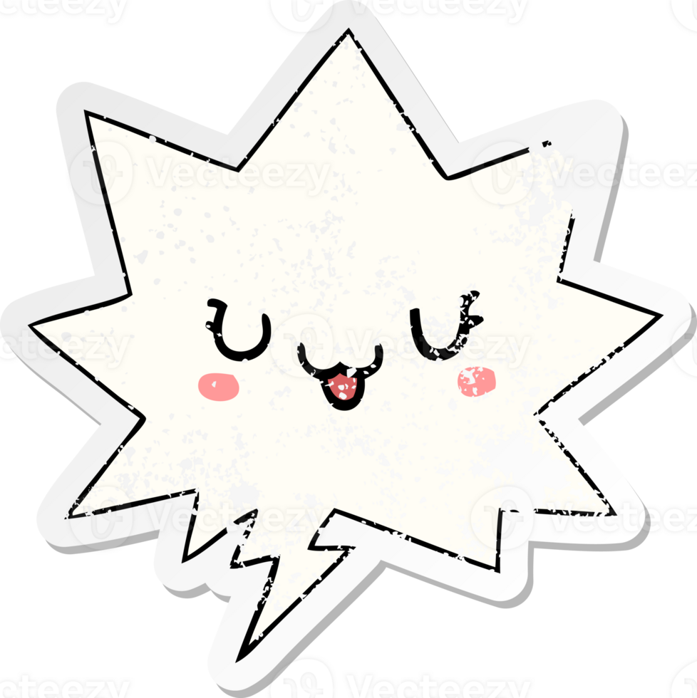 cute happy cartoon face with speech bubble distressed distressed old sticker png
