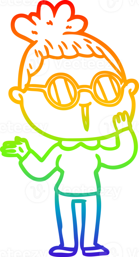 rainbow gradient line drawing of a cartoon surprised woman wearing spectacles png