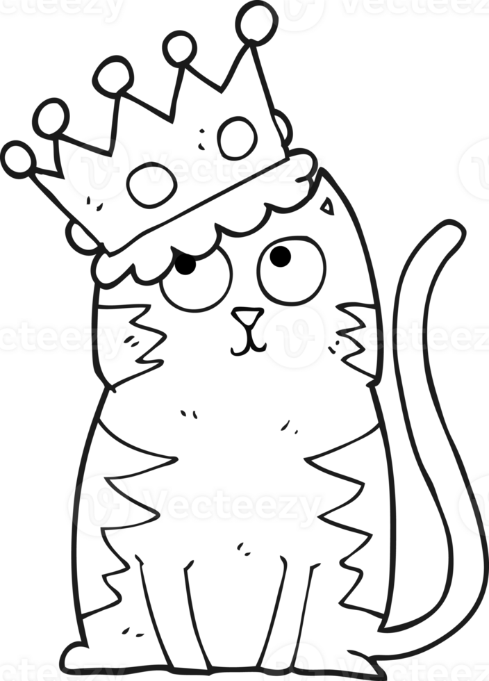 hand drawn black and white cartoon cat with crown png