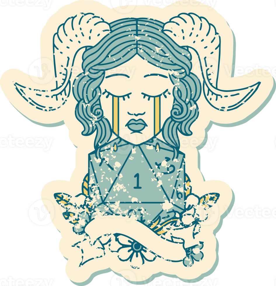 Retro Tattoo Style crying tiefling with natural one D20 roll png