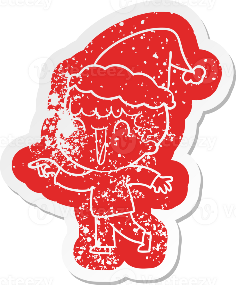 laughing quirky cartoon distressed sticker of a man pointing wearing santa hat png