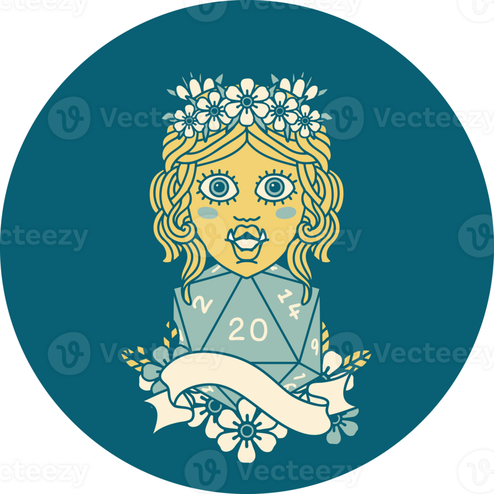 Retro Tattoo Style half orc druid character with natural 20 dice roll png