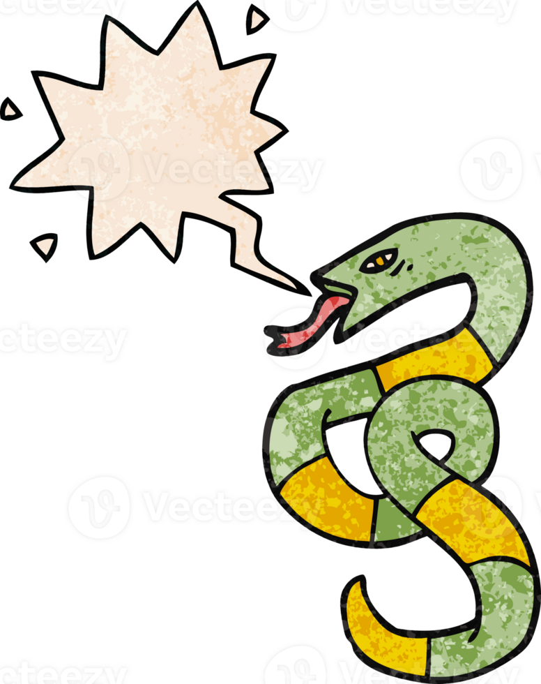 hissing cartoon snake with speech bubble in retro texture style png
