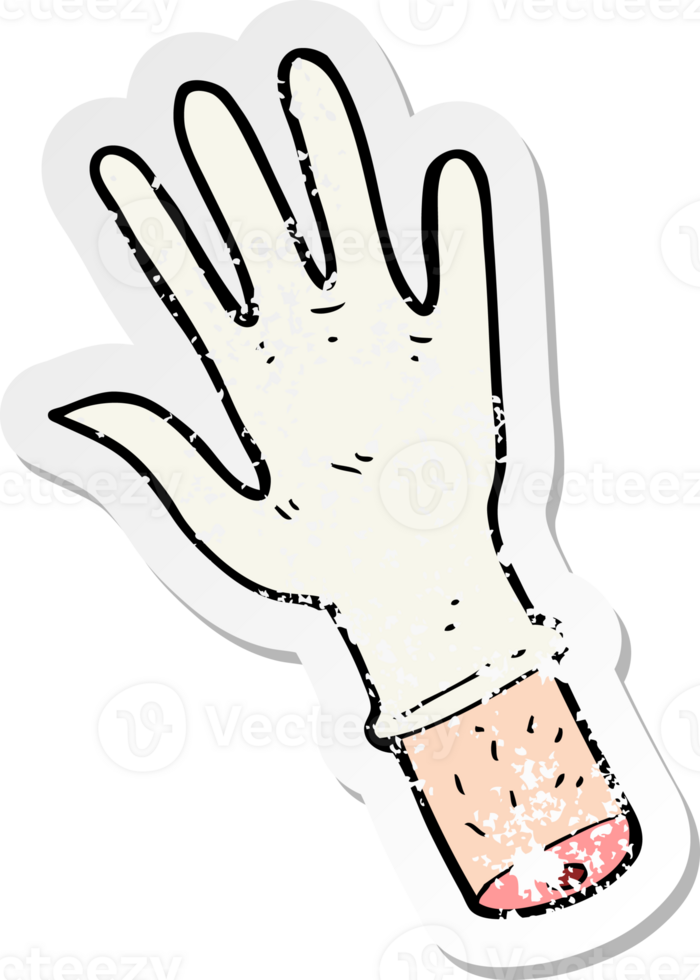 retro distressed sticker of a cartoon hand with medical glove png