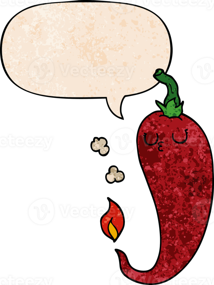 cartoon hot chili pepper with speech bubble in retro texture style png