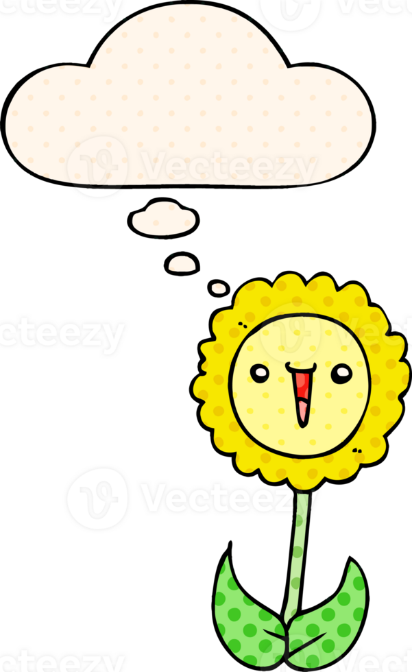 cartoon flower with thought bubble in comic book style png