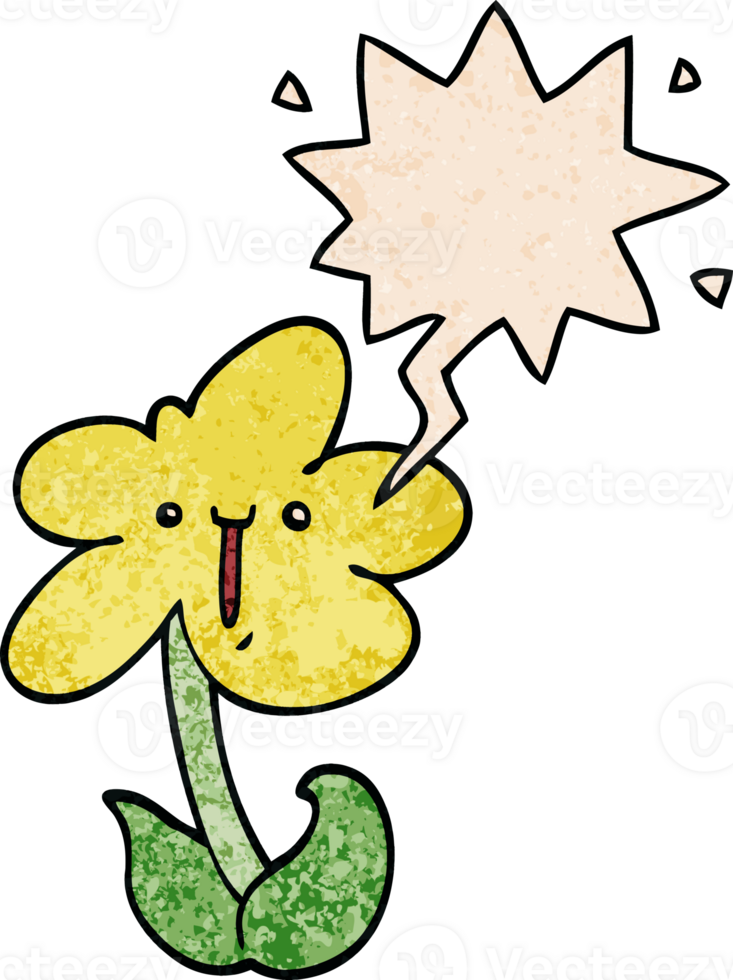 cartoon flower with speech bubble in retro texture style png