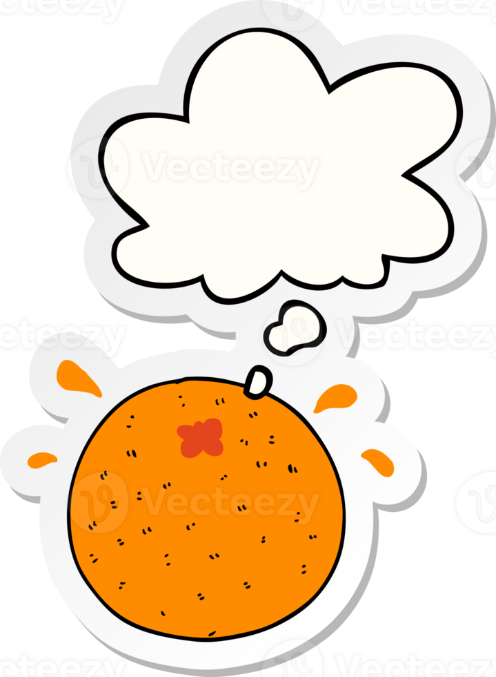 cartoon orange with thought bubble as a printed sticker png