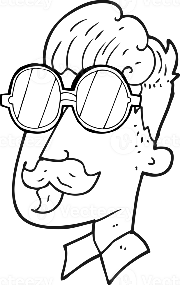 hand drawn black and white cartoon man with mustache and spectacles png