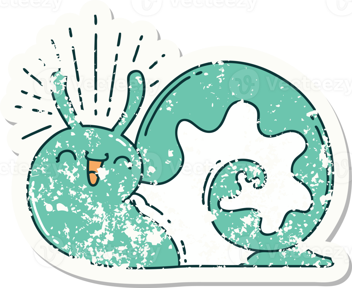 worn old sticker of a tattoo style happy snail png