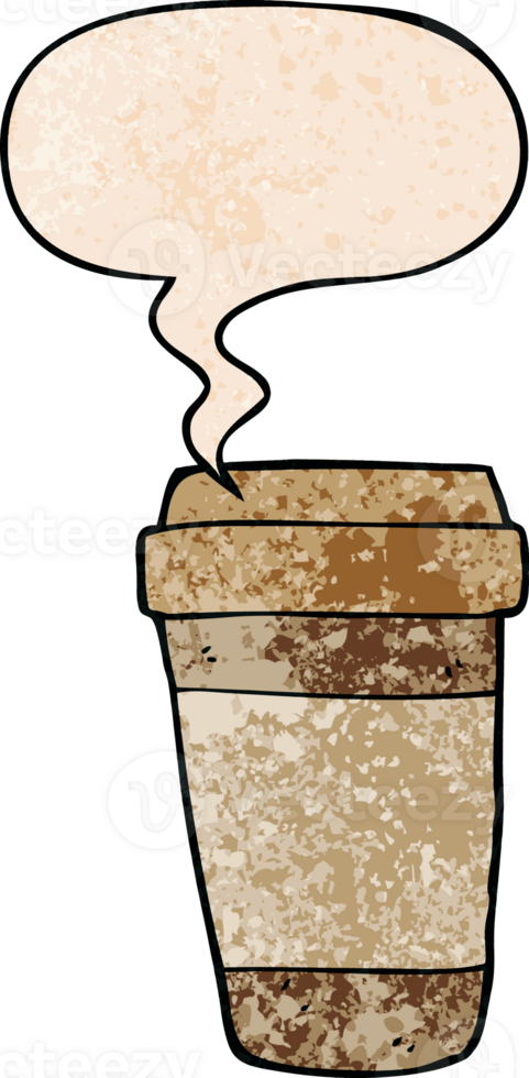 cartoon coffee cup with speech bubble in retro texture style png